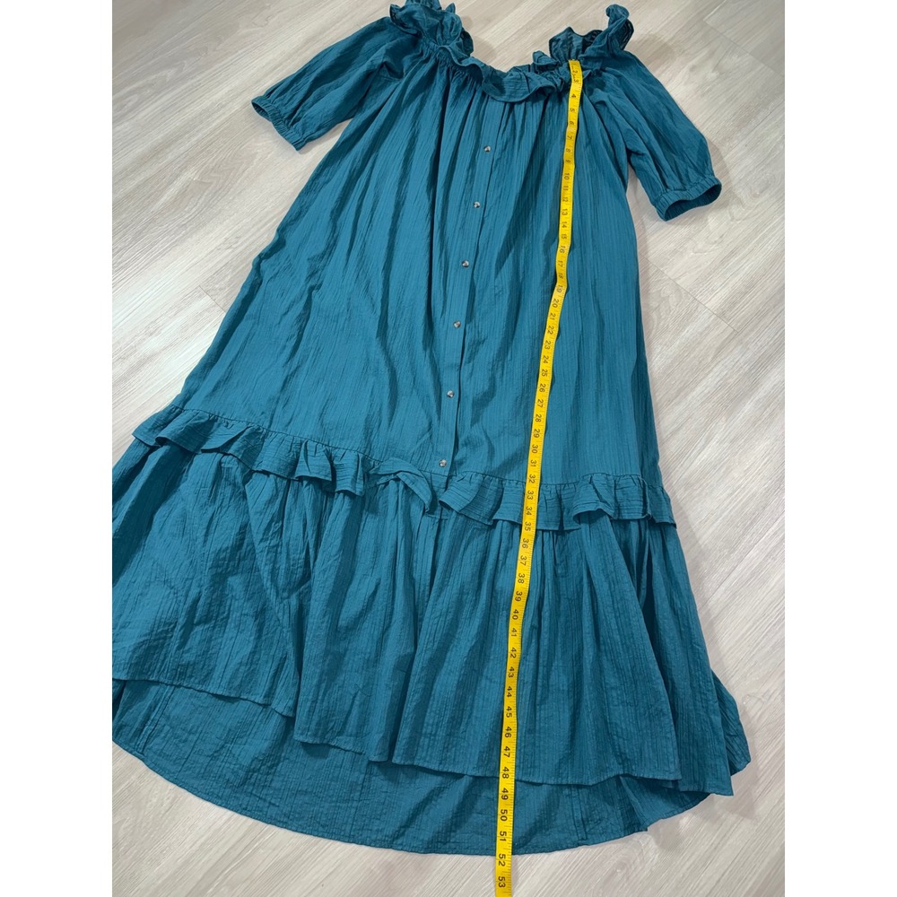 Anthropologie Teal Blue Ruffle Off Shoulder Cotton Gauze Midi Dress Large Boho - Picture 7 of 13